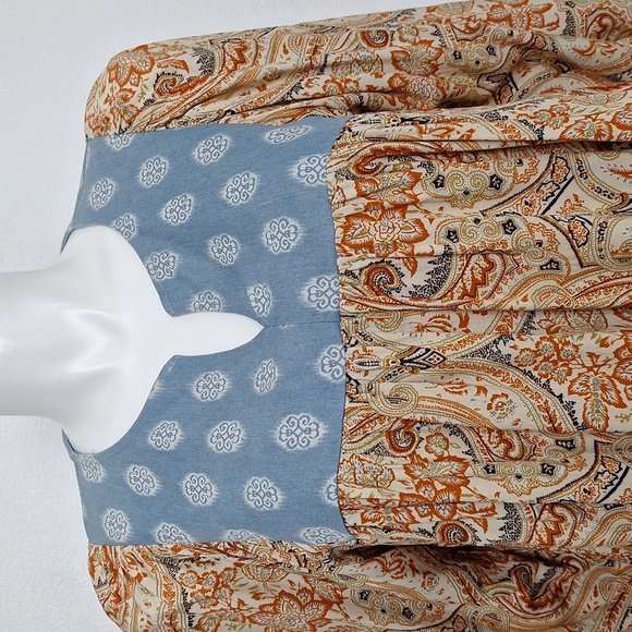 Jodifl Bohemian Paisley Mixed Media Hippie Balloon Sleeve Peasant Boho Top L - Picture 2 of 13
